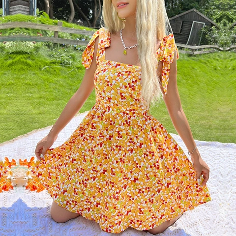 Women Summer Yellow Floral Mini Dress Square Neck Bow Tie Strap Smocked A-Line Boho Vacation Beach Sun Dress