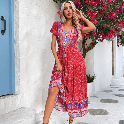Women Elegant Boho V-Neck Short Sleeve Floral Paisley Print 100% Viscose Maxi Dress Drawstring Waist Summer Beach Vacation
