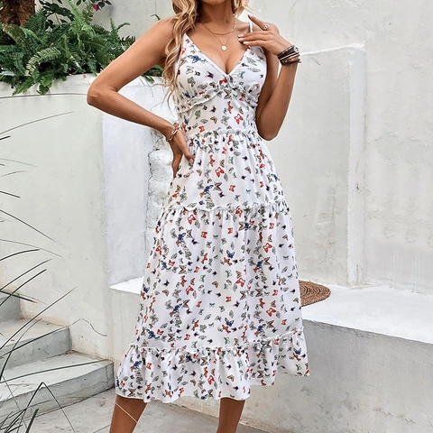 Women Sexy V Neck Spaghetti Strap Butterfly Print Tiered Ruffle Midi Dress Summer Vacation Sleeveless High Waist Sundress