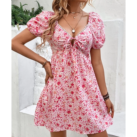 Women Sexy V Neck Puff Sleeve Floral Mini Dress Pink Sweet Lace Trim Tie Front High Waist A Line Summer Vacation Dress
