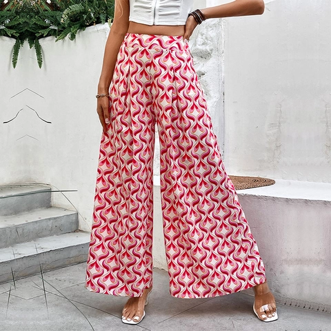 Damen Hohe Taille Weites Bein Hose Böhmisches Herz Geometrischer Druck Polyester Schlaghose Sommerurlaub Casual Lange Hose