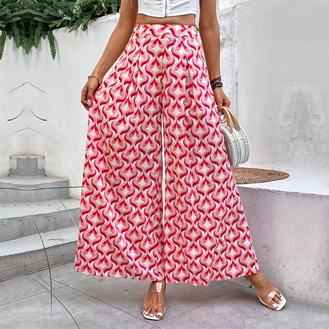 Damen Hohe Taille Weites Bein Hose Böhmisches Herz Geometrischer Druck Polyester Schlaghose Sommerurlaub Casual Lange Hose