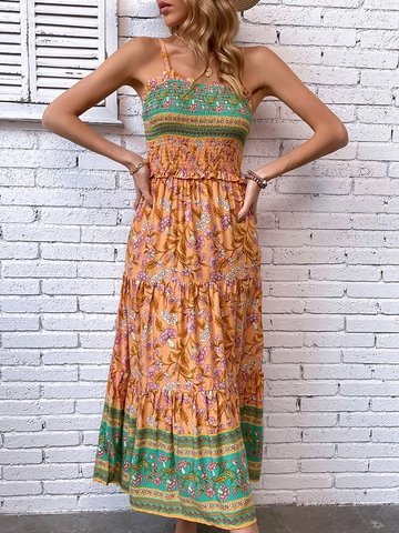 Abito Maxi in Viscosa Bohemien per Donna Estate Spalline Sottili Punto Smock a Balze Volant Vacanza Spiaggia Vestito Lungo