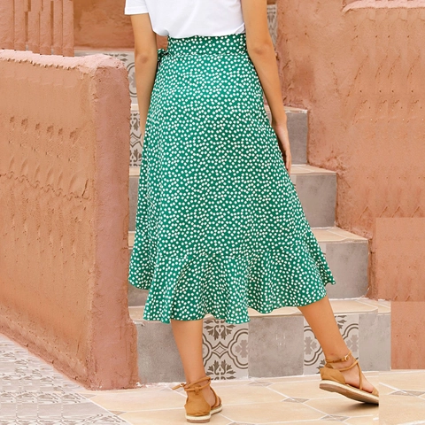 Falda Cruzada de Lunares para Mujer de Cintura Alta con Dobladillo de Volantes Falda Midi Irregular Vacaciones de Verano en la Playa Falda Elegante