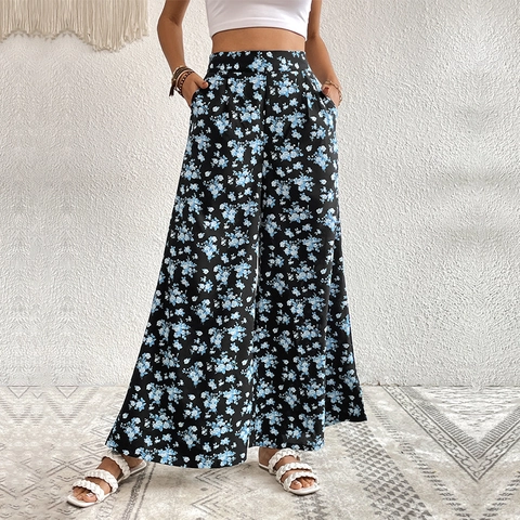 Pantaloni a Gamba Larga a Vita Alta da Donna Floreali Traspiranti in Poliestere Casual Bohémien Estivi Con Tasche