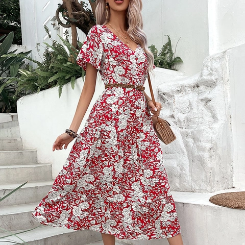 Vestito Midi Floreale da Donna con Scollo a V in 100% Viscosa Manica Corta con Volant Vacanza Estiva Vita Alta a Trapezio con Cintura