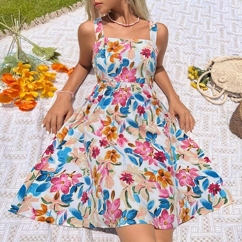Abito Midi Estivo da Donna con Stampa Floreale Scollo Quadrato Senza Maniche Schiena Scoperta Linea ad A