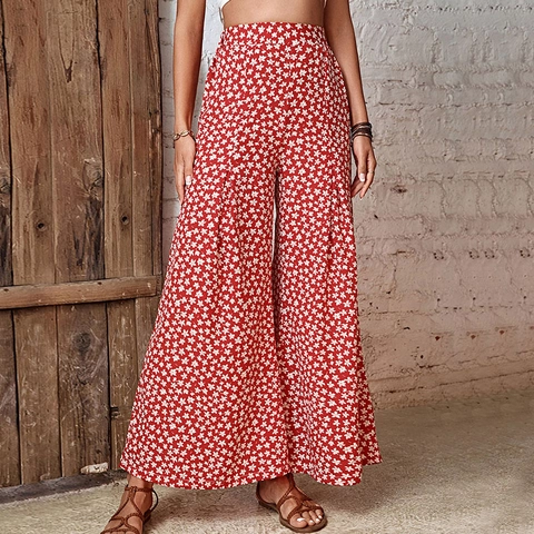 Dames Hoge Taille Wijde Pijpen Bloemenbroek Boho Rood Wit Madeliefjes Print Casual Zomer Strand Vakantie Stijl