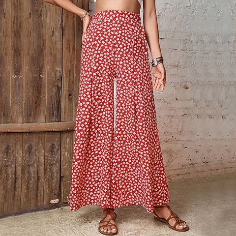 Dames Hoge Taille Wijde Pijpen Bloemenbroek Boho Rood Wit Madeliefjes Print Casual Zomer Strand Vakantie Stijl