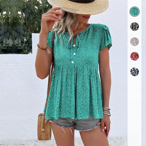 Women Summer Floral Short Sleeve Babydoll Blouse V Neck Tie Front Peplum Top Boho Casual Loose Viscose Print Shirt