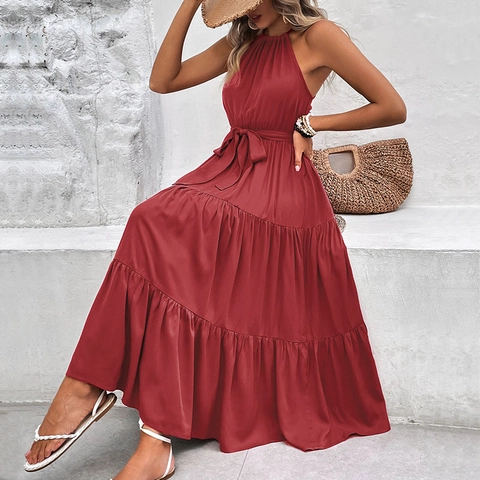 Women Halter Neck Sleeveless Tiered Maxi Dress With Belt Solid Color Elegant Summer Vacation A-Line Layered Long Dress