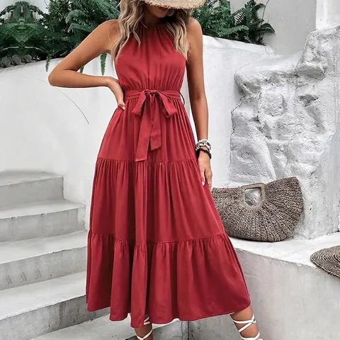 Women Halter Neck Sleeveless Tiered Maxi Dress With Belt Solid Color Elegant Summer Vacation A-Line Layered Long Dress