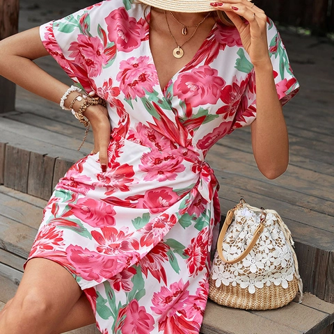 Franse Bloemen V-Hals Wikkel Midi Jurk Voor Vrouwen Korte Mouwen Hoge Taille Slim Fit Zomer Vakantie Strandjurk
