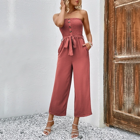 Women's Elegant Strapless Ruched Wide Leg Jumpsuit Redwood Solid Color Button Decor Tie Waist Vacation Beach Casual Long Pant