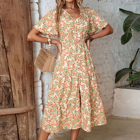 Abito Midi da Donna Retrò Floreale Scollo a V Manica Corta Vita Alta Spacco Gonna a Balze Linea ad A Vacanza Estiva