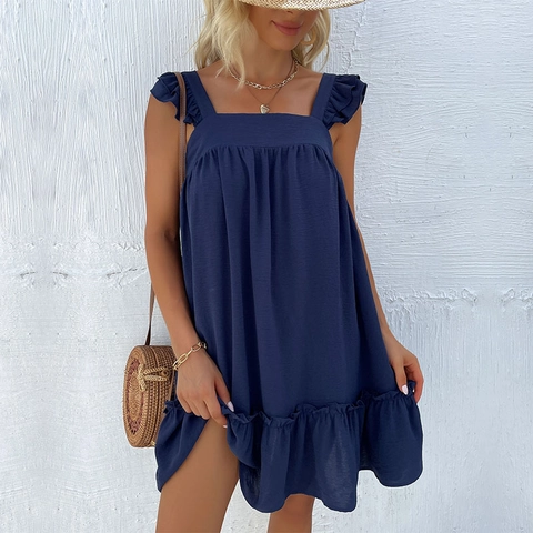 Women Navy Blue Sleeveless Mini Dress Square Neck Ruffle Trim Backless Polyester Blend Loose Fit Beach Vacation Sundress