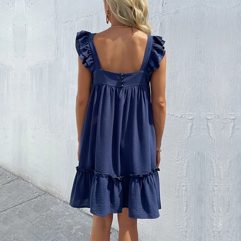 Women Navy Blue Sleeveless Mini Dress Square Neck Ruffle Trim Backless Polyester Blend Loose Fit Beach Vacation Sundress
