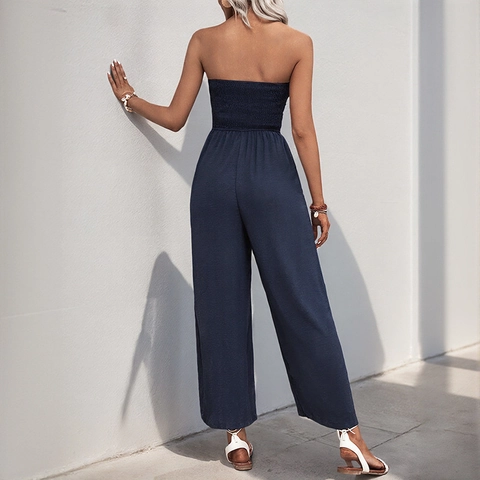 Women's Strapless Jumpsuit Large Bow Wide Leg High Waist Navy Blue Vacation Style Sleeveless One Piece Romper