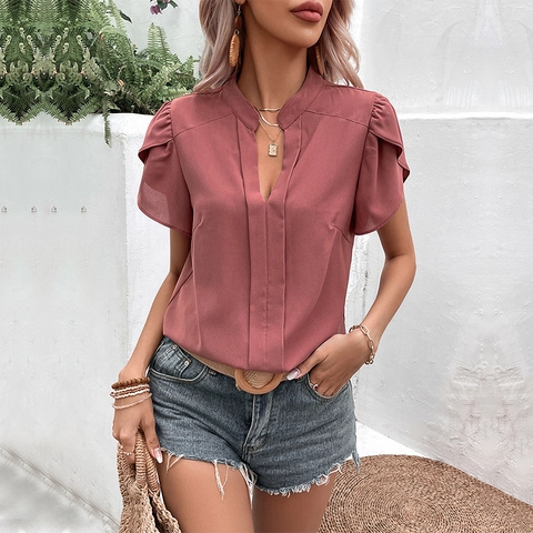 Women's Casual V-Neck Short Sleeve Chiffon Blouse Ruffle Petal Sleeve Pleated Pullover Summer Tops Solid Color Elegant Shirt