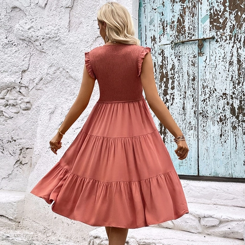 Elegante Vestido Midi Escalonado para Mujer con Fruncido Manga de Volante Boho Terracota Verano Vacaciones Vestido Playero Viscosa Color Sólido