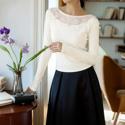 Dames Elegant T-shirt met Ronde Hals Mesh-splicing 3D Bloem Kunstparel Decor Lange Mouw Slim Fit Pullover Top Beige Casual