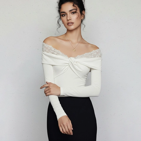 Body Sexy Épaules Dénudées Dentelle Nœud Torsadé Manches Longues Côtelé Pour Femme Coupe Ajustée Tricot Polyester Élasthanne