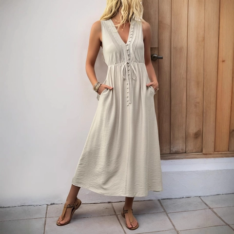 Damen V-Ausschnitt Ärmelloses Faltenkleid Taschen Kordelzug Viskose Nylon Sommer Lässig Maxi Urlaub Kleid