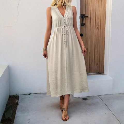 Damen V-Ausschnitt Ärmelloses Faltenkleid Taschen Kordelzug Viskose Nylon Sommer Lässig Maxi Urlaub Kleid