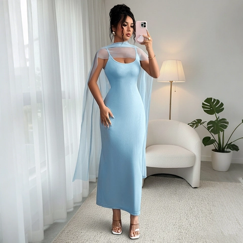Women Elegant Slim Fit Ribbed Knit Maxi Dress With Mesh Shawl Cape U-Neck High Waist Bodycon Summer Sleeveless Long Dress