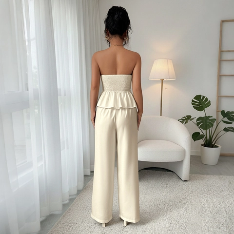 Elegante Completo Donna Top a Fascia Con Peplo E Pantaloni a Gamba Larga Decorazioni Bottoni Oro Abbigliamento Vacanze Estive
