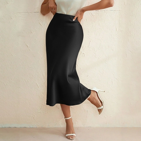 Women Satin Midi Fishtail Skirt High Waist Elegant Solid Black Bodycon Silky Skirt For Party Commuter Office Lady