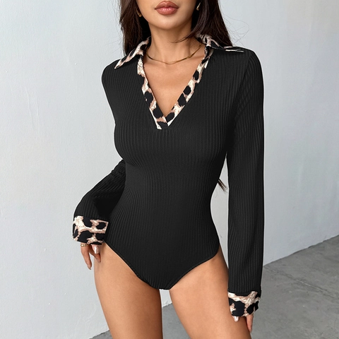 Damen Sexy Leopard Patchwork V-Ausschnitt Langarm Bodysuit Rippenstrick Slim Fit Jumpsuit Top Schwarz Frühling Kleidung