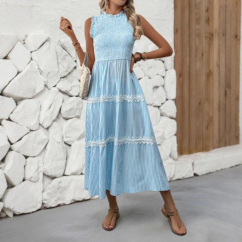 French Style Vertical Stripe Sleeveless Maxi Dress For Women Summer Lace Patchwork Smocked Ruffle Collar Long Beach Dress