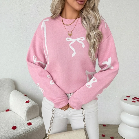 Maglione da Donna Casual Con Fiocco Jacquard In Maglia Pullover Girocollo Manica Lunga Vestibilità Larga Autunno Inverno