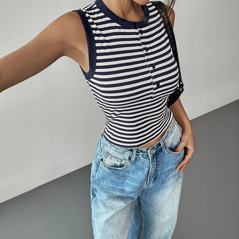 Women Casual Striped Sleeveless Tank Top Henley Neck Button Front Ribbed Slim Fit Summer Basic Vest Top Navy Blue White