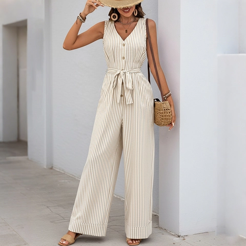 Damen Sommer Casual V-Ausschnitt Ärmellos Gestreifter Jumpsuit Mit Gürtel Weites Bein Baumwollmischung Knöpfe Einteiler Romper