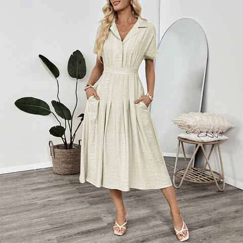 Robe Chemise pour Femme avec Col à Revers Manches Courtes Plissée Trapèze Boutonnée Robe Midi avec Poches Viscose Lin