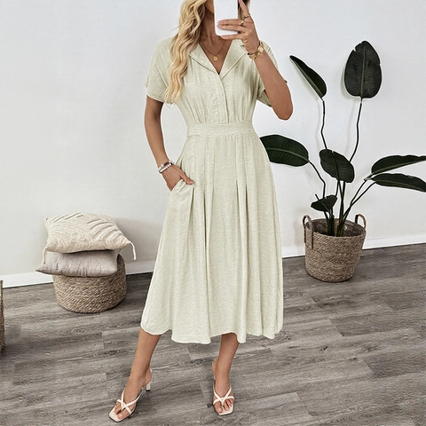 Robe Chemise pour Femme avec Col à Revers Manches Courtes Plissée Trapèze Boutonnée Robe Midi avec Poches Viscose Lin