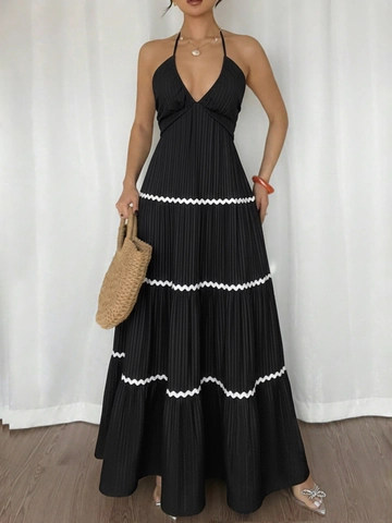 Vestido Maxi de Verano para Mujer Cuello Halter Escote en V Espalda al Aire Bloques de Color Rayas en Zigzag Plisado para Playa