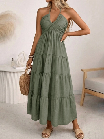 Women Halter Neck Backless Tiered Maxi Dress Sexy Boho V Neck Viscose Blend Smocked Summer Vacation Beach Long Cake Dress