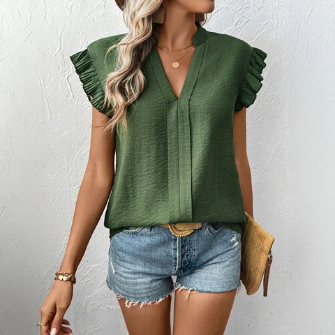 Blusa de Mujer Verano Cuello en V Mangas con Volantes Casual Color Sólido Plisado Satén Viscosa Top Elegante Camiseta Manga Corta