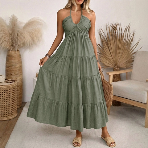 Vestido Maxi para Mujer Halter Cuello en V por Capas Espalda Descubierta Fruncido Boho Vacaciones de Verano Color Sólido Mezcla Viscosa