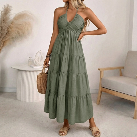 Vestido Maxi para Mujer Halter Cuello en V por Capas Espalda Descubierta Fruncido Boho Vacaciones de Verano Color Sólido Mezcla Viscosa