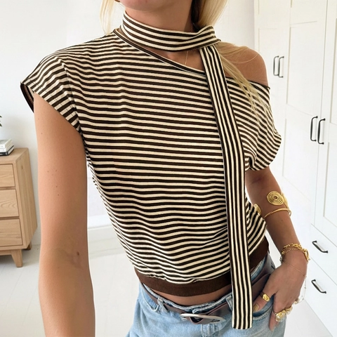 Maglietta a Righe da Donna con Spalle Scoperte Asimmetriche e Fascia da Collo Top Casual a Maniche Corte in Maglia Marrone Caffè