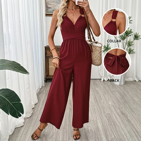 Elegant Women Backless V Neck Jumpsuit Metal Ring Decor Solid Color Wide Leg Long Romper Jumpsuit Summer Vacation Outing