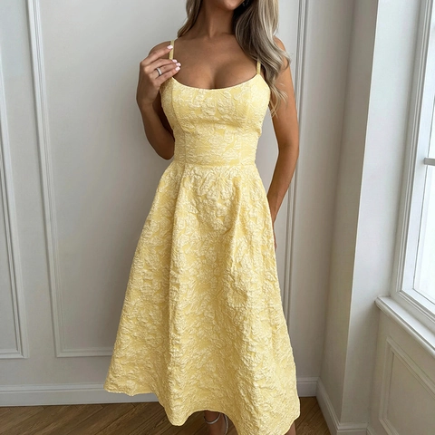 Damen Elegant Jacquard Spaghettiträger Midi Kleid Rückenfrei A-Linie Französischer Stil Urlaub Party Sommer Ärmellos Polyester Kleid