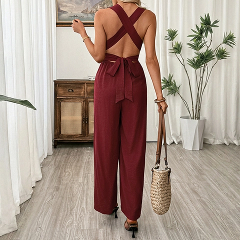 Elegant Women Backless V Neck Jumpsuit Metal Ring Decor Solid Color Wide Leg Long Romper Jumpsuit Summer Vacation Outing