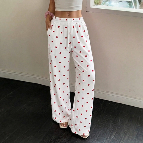 Pantaloni de Pierna Ancha con Estampado de Corazón para Mujer Casual Cintura Alta Cordón Elástico Pantalones Rectos para el Hogar Estilo Dulce