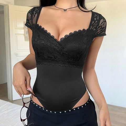 Women Sexy Black Lace Bodysuit Floral Spliced V Neck Short Sleeve Slim Fit High Stretch Jumpsuit Summer Fashion Clothing Top