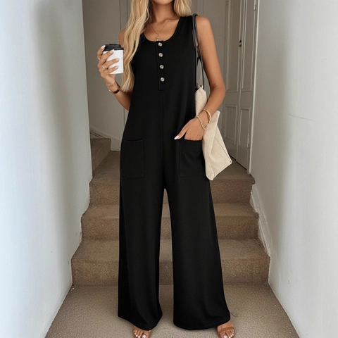 Damen Casual Ärmelloser Overall Mit Weitem Bein Knöpfen Taschen Hoher Taille Lockerer Sommer Einteiler